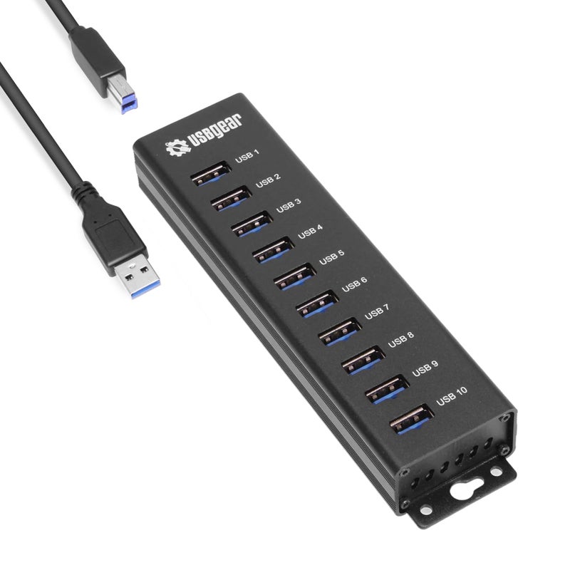 USBGear 10-Port USB 3.2 Gen 1 Mountable Charging and SuperSpeed Data Hub with 5V/4A Power Adapter and USB Type-A to Type-B Cable Up to 900mA per Port Charging Function Wall and Surface Mounting - Image 1